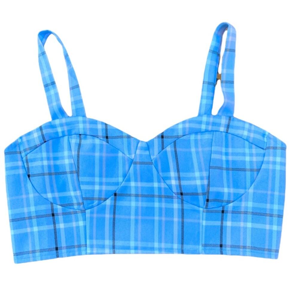 Hesperus Blue Plaid Crop Top XL Y2K Bustier Corset Tank Zip Back Retro Grunge - Picture 2 of 8